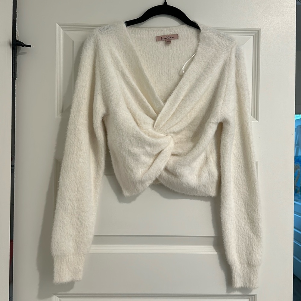 White Fuzzy Tie Sweater